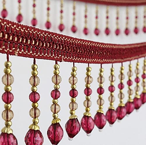 OUUOYSD Fransenbesatz, Vorhangquasten, 12 Yards Quaste Fransenbesatz Hängende Perlen Kristall Anhänger Bandbesätze Nähen Handwerk Vorhang Tischdecke Dekoration(Rose Red) von OUUOYSD