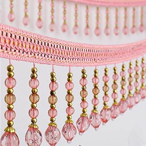 OUUOYSD Fransenbesatz, Vorhangquasten, 12 Yards Quaste Fransenbesatz Hängende Perlen Kristall Anhänger Bandbesätze Nähen Handwerk Vorhang Tischdecke Dekoration(Roze) von OUUOYSD