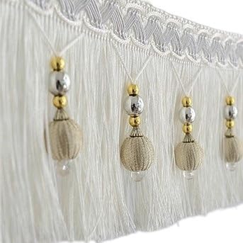 OUUOYSD Fransenbesatz, Vorhangquasten, 12 Yards geflochtene Perlen Fransen hängen Ball Trim for Vorhang Tischkante Nähen Trimmen(White) von OUUOYSD