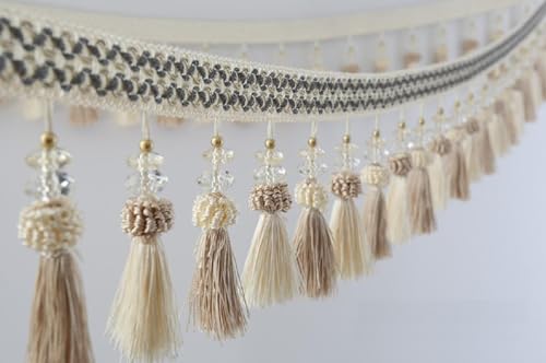 OUUOYSD Fransenbesatz, Vorhangquasten, 2 Meter Zopf Perlen Anhänger Fransenbesatz for Nähen Handwerk Home Vorhang Sofa Dekoratives Band(Beige) von OUUOYSD
