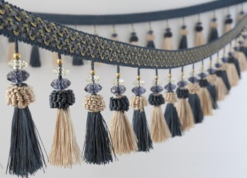 OUUOYSD Fransenbesatz, Vorhangquasten, 2 Meter Zopf Perlen Anhänger Fransenbesatz for Nähen Handwerk Home Vorhang Sofa Dekoratives Band(Dark Blue) von OUUOYSD