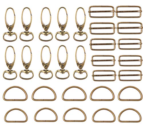 OUZRTG-Packung mit 30 Stück 3 gemusterte D-Ringe Strapazierfähige Schiebeschnalle Karabinerverschluss aus Metall für DIY-Nähbeutel, Geldbeutel, Rucksack, Gurt, Zubehör(Bronze) von OUZRTG