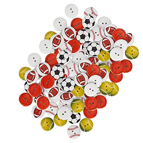 100pcs 2-Loch-Holzknöpfe, Gemischte Muster Runde Knöpfe Zum Nähen und Handwerk, Fußball-Basketball-Tennisholz für Kinderkleidung von OVAQUIXI
