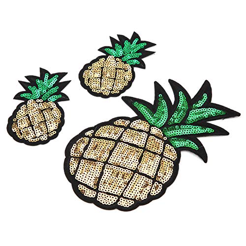 3pcs Ananas Bestickte Stoffflecken Pailletten Applikationen für Kleidung Bag Craft DIY Dekoration, Eisen auf Patch für Jackenhut-T-Shirt (Pailletten Material) von OVAQUIXI