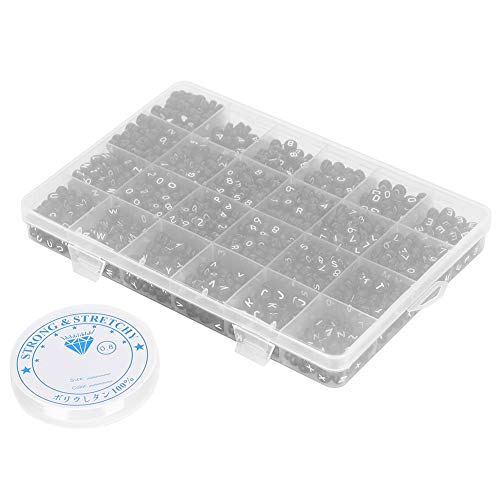 OVAQUIXI 1850pcs Acrylbuchstaben Perlen Leichter DIY -Schmuck für Erwachsene und mit Elastischer Faden und Plastikbox, Ideal für Armbänder und Halsketten, weiß auf Schwarzer 4 X 7 Mm von OVAQUIXI