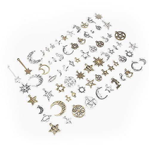 OVAQUIXI DIY -Anhänger Accessoires mit 73 Moonstar -Mustern für Handwerks und DIY Schmuckherstellung, für die Schlüssel und Kleidungsdekoration (tief silberne), Elektroplierte Legierungs Legierungs von OVAQUIXI