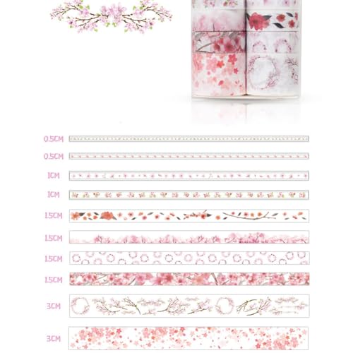 OVAQUIXI Hochwertiges Entzückendes WaSli-Bandset mit Premium-Material, Schönes Washi-Klebeband für Schüler und DIY-Album, 10 PCs Washi Tape Set für Scrapbooking und Journaling (Kirschblütenbox) von OVAQUIXI
