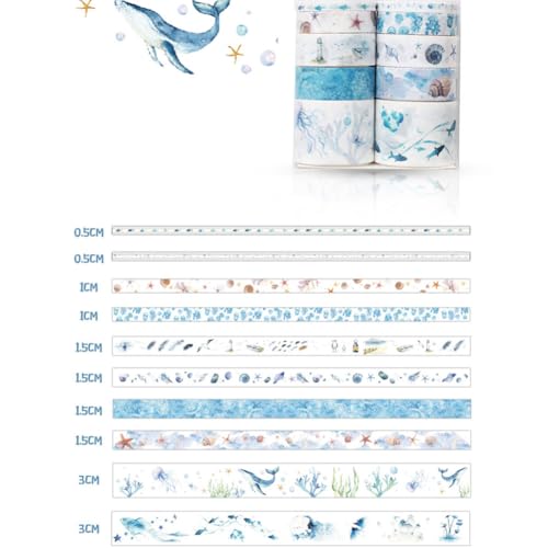 OVAQUIXI Hochwertiges Entzückendes WaSli-Bandset mit Premium-Material, Schönes Washi-Klebeband für Schüler und DIY-Album, 10 PCs Washi Tape Set für Scrapbooking und Journaling (Tiefsee von OVAQUIXI