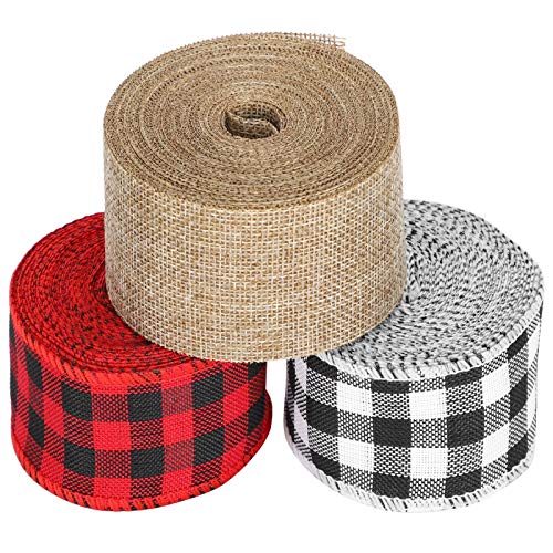 OVAQUIXI Weihnachtsbahnband Schwarz Rot Weiße Sackleinen DIY Bogenmaterial Geschenkverpackung für Weihnachtsdekorationen Geschenkverpackung Bauernhaus Dekor - 3 Brötchen Handwerksband (5cm) von OVAQUIXI