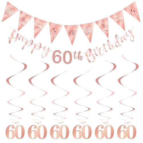 OVDGWC 8 Stücke Der Geburtstagdekoration, Banner des 60. Geburtstages, 60 Spiralhaltige Ornamente, Party -Hintergrunddekorationsprops, 60. Geburtstagsfeier Pink Dekoration von OVDGWC