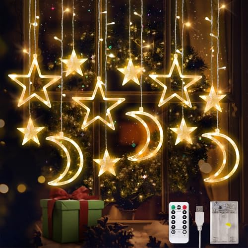 OVOISSTIY Lichterkette Sternenvorhang, 3.5M Ramadan Sterne und Mond Lichterkette Fenster 8 Modi, LED Fenstervorhang Lichter Mit Fernbedienung und Memoryfunktion für Ramadan, Fest, Party, Hochzeit OVOISSTIY Lichterkette Sternenvorhang, 3.5M Ramadan Sterne und Mond Lichterkette Fenster 8 Modi, LED Fenstervorhang Lichter Mit Fernbedienung und Memoryfunktion für Ramadan, Fest, Party, Hochzeit von OVOISSTIY