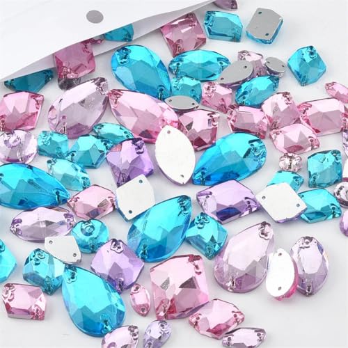 20/50/100 Stück Glassteine zum Aufnähen mit flacher Rückseite für Hochzeitskleid Mix 17 verschiedene Formen, 100 Stück von OWEIEYEU