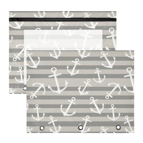 Federmäppchen für 3-Ringbuch, Federmäppchen, transparentes Fenster, oben großes Fassungsvermögen, für Büro, Schule, 2 Stück, gestreifter Hintergrund, Ankermuster Federmäppchen für 3-Ringbuch, Federmäppchen, transparentes Fenster, oben großes Fassungsvermögen, für Büro, Schule, 2 Stück, gestreifter Hintergrund, Ankermuster von OWFKAY