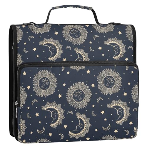 OWFKAY 3-Ringbuch-Tasche mit Reißverschluss, Boho-Vintage-Stil, Sonne, Mond und Stern, mehrere Taschen, Organizer mit Schultergurt und Griff OWFKAY 3-Ringbuch-Tasche mit Reißverschluss, Boho-Vintage-Stil, Sonne, Mond und Stern, mehrere Taschen, Organizer mit Schultergurt und Griff von OWFKAY