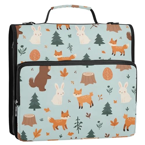 OWFKAY 3-Ringbuch-Tasche mit Reißverschluss, Fuchs, Kaninchen, Bärenmuster, mehrere Taschen, Organizer mit Schultergurt und Griff OWFKAY 3-Ringbuch-Tasche mit Reißverschluss, Fuchs, Kaninchen, Bärenmuster, mehrere Taschen, Organizer mit Schultergurt und Griff von OWFKAY