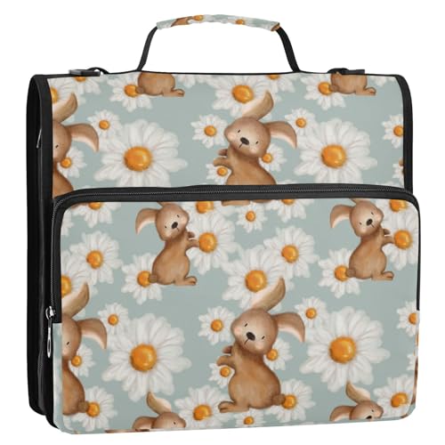OWFKAY 3-Ringbuch-Tasche mit Reißverschluss, Gänseblümchen, niedliches Kaninchen, Organizer mit Schultergurt und Griff OWFKAY 3-Ringbuch-Tasche mit Reißverschluss, Gänseblümchen, niedliches Kaninchen, Organizer mit Schultergurt und Griff von OWFKAY