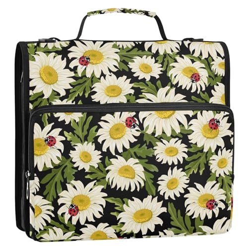OWFKAY 3-Ringbuch-Tasche mit Reißverschluss, Gänseblümchen und Marienkäfer, mehrere Taschen, Organizer mit Schultergurt und Griff OWFKAY 3-Ringbuch-Tasche mit Reißverschluss, Gänseblümchen und Marienkäfer, mehrere Taschen, Organizer mit Schultergurt und Griff von OWFKAY