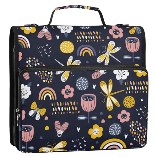 OWFKAY 3-Ringbuch-Tasche mit Reißverschluss, Libellen-Blume, Regenbogen, skandinavischer Stil, mehrere Taschen, Organizer mit Schultergurt und Griff OWFKAY 3-Ringbuch-Tasche mit Reißverschluss, Libellen-Blume, Regenbogen, skandinavischer Stil, mehrere Taschen, Organizer mit Schultergurt und Griff von OWFKAY