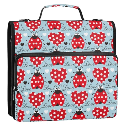 OWFKAY 3-Ringbuch-Tasche mit Reißverschluss, Marienkäfer und Herz, mehrere Taschen, Organizer mit Schultergurt und Griff OWFKAY 3-Ringbuch-Tasche mit Reißverschluss, Marienkäfer und Herz, mehrere Taschen, Organizer mit Schultergurt und Griff von OWFKAY