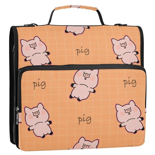 OWFKAY 3-Ringbuch-Tasche mit Reißverschluss, Schweine-Cartoon auf orangefarbenem Hintergrund, mehrere Taschen, Organizer mit Schultergurt und Griff von OWFKAY