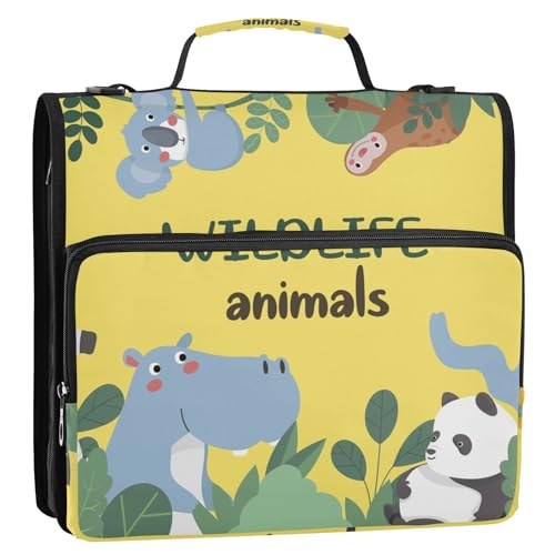 OWFKAY 3-Ringbuch-Tasche mit Reißverschluss, Tiere des Dschungels auf gelbem Organizer, mehrere Taschen, Organizer mit Schultergurt und Griff OWFKAY 3-Ringbuch-Tasche mit Reißverschluss, Tiere des Dschungels auf gelbem Organizer, mehrere Taschen, Organizer mit Schultergurt und Griff von OWFKAY