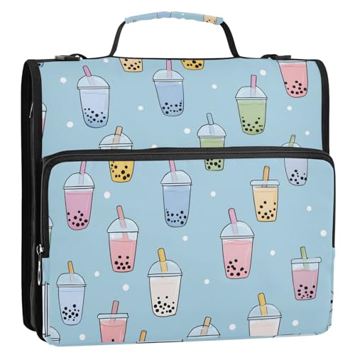OWFKAY 3-Ringbuch-Tasche mit Reißverschluss, blaues Blasen-Milchtee-Muster, mehrere Taschen, Organizer mit Schultergurt und Griff OWFKAY 3-Ringbuch-Tasche mit Reißverschluss, blaues Blasen-Milchtee-Muster, mehrere Taschen, Organizer mit Schultergurt und Griff von OWFKAY