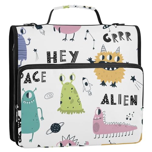 OWFKAY 3-Ringbuch-Tasche mit Reißverschluss, bunt, niedliche Monster, Aliens und Weltraum, mehrere Taschen, Organizer mit Schultergurt und Griff OWFKAY 3-Ringbuch-Tasche mit Reißverschluss, bunt, niedliche Monster, Aliens und Weltraum, mehrere Taschen, Organizer mit Schultergurt und Griff von OWFKAY