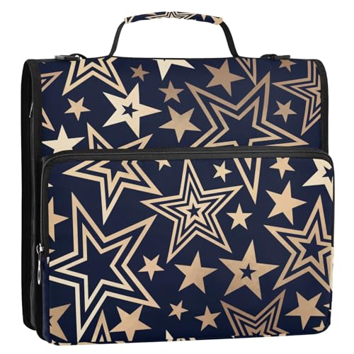 OWFKAY 3-Ringbuch-Tasche mit Reißverschluss, glitzernde goldene Sterne, Organizer mit Schultergurt und Griff OWFKAY 3-Ringbuch-Tasche mit Reißverschluss, glitzernde goldene Sterne, Organizer mit Schultergurt und Griff von OWFKAY