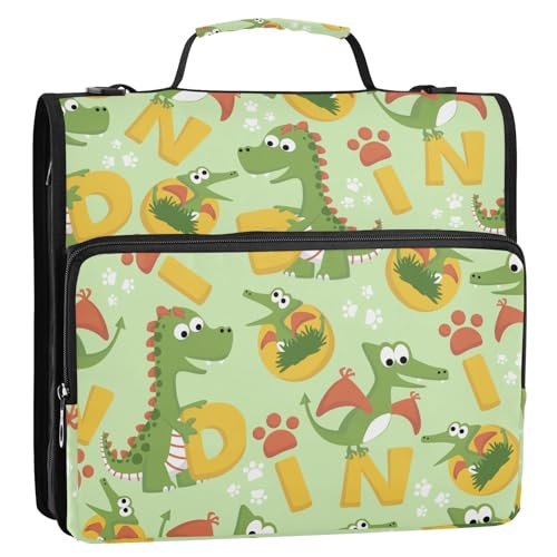 OWFKAY 3-Ringbuch-Tasche mit Reißverschluss, grüner Dinosaurier-Alphabet, mehrere Taschen, Organizer mit Schultergurt und Griff OWFKAY 3-Ringbuch-Tasche mit Reißverschluss, grüner Dinosaurier-Alphabet, mehrere Taschen, Organizer mit Schultergurt und Griff von OWFKAY