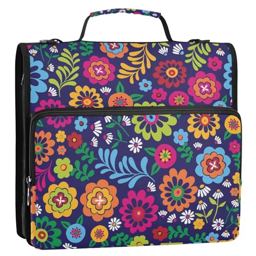 OWFKAY 3-Ringbuch-Tasche mit Reißverschluss, mexikanische Blume, traditioneller Organizer mit mehreren Fächern, Schultergurt und Griff OWFKAY 3-Ringbuch-Tasche mit Reißverschluss, mexikanische Blume, traditioneller Organizer mit mehreren Fächern, Schultergurt und Griff von OWFKAY