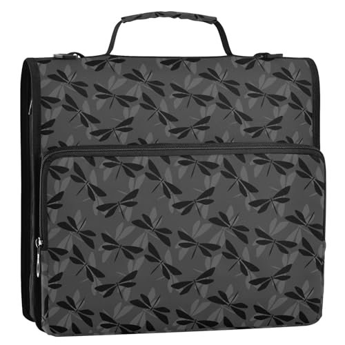 OWFKAY 3-Ringbuch-Tasche mit Reißverschluss, schwarze Libellen, Organizer mit Schultergurt und Griff OWFKAY 3-Ringbuch-Tasche mit Reißverschluss, schwarze Libellen, Organizer mit Schultergurt und Griff von OWFKAY