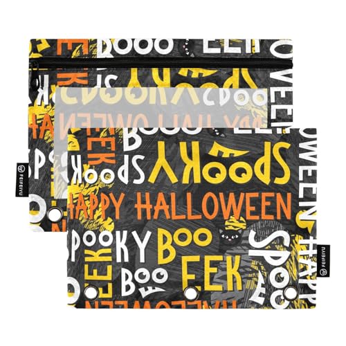 OWFKAY Federmäppchen für 3-Ring-Ordner, Großpackung, 3 Löcher, Reißverschluss, mit transparentem Fenster, Halloween, Gelb, Orange, Schwarz, Katzen, Herbsturlaub von OWFKAY