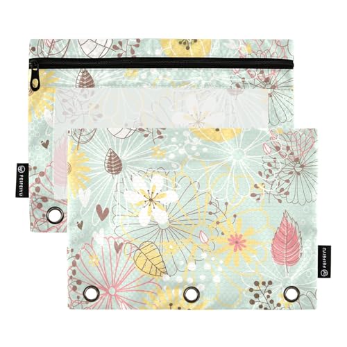 OWFKAY Federmäppchen für 3-Ring-Ordner, Großpackung mit 3 Löchern, Reißverschluss, Ordnertaschen mit transparentem Fenster, Sommer, leuchtend trendig, rosa, gelb, Blumen und Blätter, 2 Stück von OWFKAY