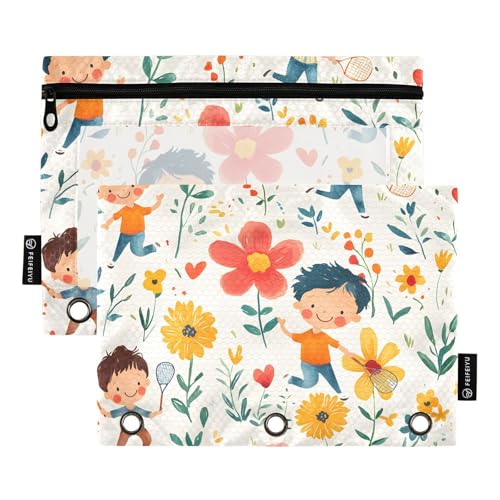OWFKAY Federmäppchen für 3-Ring-Ordner, Großpackung mit 3 Löchern, Reißverschluss, mit transparentem Fenster, Blumen, Badminton, Kinder von OWFKAY