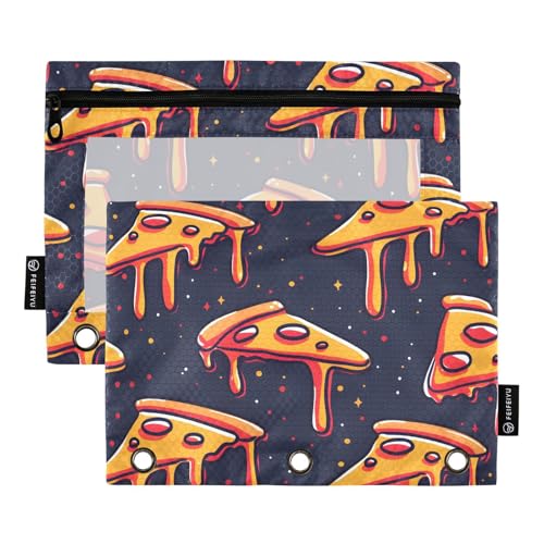 OWFKAY Federmäppchen für 3-Ring-Ordner, Großpackung mit 3 Löchern, Reißverschluss-Bindertaschen mit transparentem Fenster, Pizzascheiben auf dunklem Raummuster, 2 Stück von OWFKAY