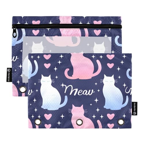 OWFKAY Federmäppchen für 3-Ring-Ordner, Großpackung mit 3 Löchern, Reißverschluss-Mappe mit transparentem Fenster, Rosa, Blau und Weiß, Katzen-Muster von OWFKAY