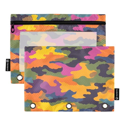 OWFKAY Federmäppchen für 3-Ring-Ordner, Großpackung mit 3 Löchern, Reißverschlussbeutel mit transparentem Fenster, Gelb, Lila, Blau, Camouflage-Muster von OWFKAY