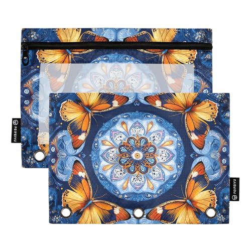 OWFKAY Federmäppchen für 3-Ring-Ordner, Großpackung mit 3 Löchern, Reißverschlussbeutel mit transparentem Fenster, Gelb, Schmetterling, Blau, Mandala von OWFKAY