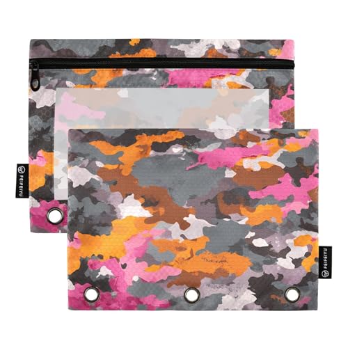 OWFKAY Federmäppchen für 3-Ring-Ordner, Großpackung mit 3 Löchern, Reißverschlussbeutel mit transparentem Fenster, Grau, Orange, Rosa, Camouflage-Muster von OWFKAY