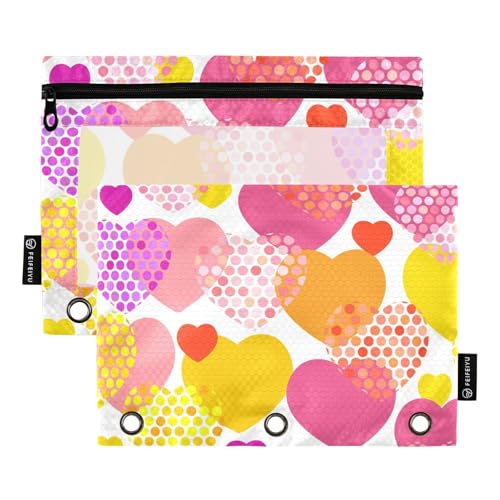 OWFKAY Federmäppchen für 3-Ring-Ordner, Großpackung mit 3 Löchern, Reißverschlussbeutel mit transparentem Fenster, Rosa, Orange, Lila, Rot, Gelb, Herz von OWFKAY