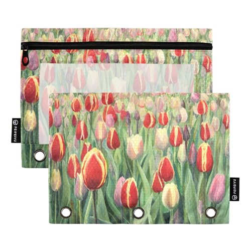 OWFKAY Federmäppchen für 3-Ring-Ordner, Großpackung mit 3 Löchern, Reißverschlussbeutel mit transparentem Fenster, bunt, rot, rosa, gelb, blühende Tulpen von OWFKAY