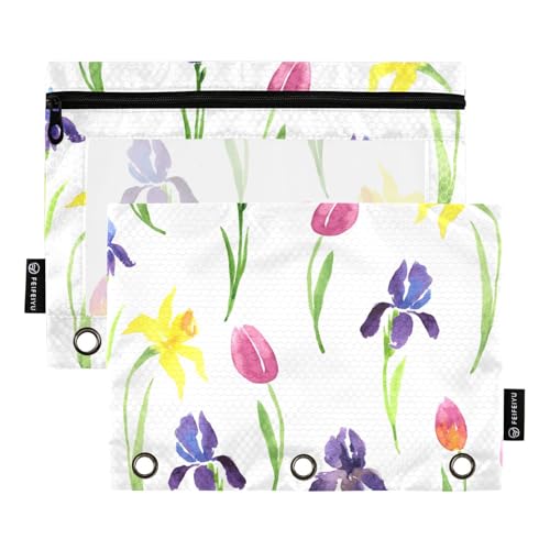 OWFKAY Federmäppchen für 3-Ring-Ordner, Großpackung mit 3 Löchern, Reißverschlussbeutel mit transparentem Fenster, gelbe Lilie, Rosa, Tulpe, Frühlingsblume von OWFKAY