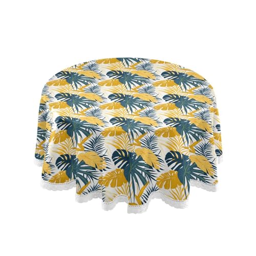 OWFKAY Runde Tischdecke, 150 cm Durchmesser, runde Tischdecke aus waschbarem Polyester, Esstischabdeckung für Café, Restaurant, Buffet, Tischdekoration, grün-gelb, tropisches Blättermuster OWFKAY Runde Tischdecke, 150 cm Durchmesser, runde Tischdecke aus waschbarem Polyester, Esstischabdeckung für Café, Restaurant, Buffet, Tischdekoration, grün-gelb, tropisches Blättermuster von OWFKAY