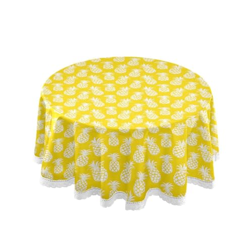OWFKAY Runde Tischdecke, 150 cm Durchmesser, runde Tischdecke aus waschbarem Polyester, Esstischabdeckung für Café, Restaurant, Buffet, Tischdekoration, weiße Ananas auf gelbem Muster OWFKAY Runde Tischdecke, 150 cm Durchmesser, runde Tischdecke aus waschbarem Polyester, Esstischabdeckung für Café, Restaurant, Buffet, Tischdekoration, weiße Ananas auf gelbem Muster von OWFKAY