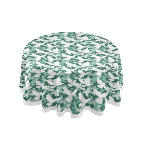 OWFKAY Runde Tischdecke, 150 cm Durchmesser, runde Tischdecke aus waschbarem Polyester, Esstischabdeckung für Café, Restaurant, Buffet, Tischdekoration, weißes Taubengrün, Camouflage-Muster OWFKAY Runde Tischdecke, 150 cm Durchmesser, runde Tischdecke aus waschbarem Polyester, Esstischabdeckung für Café, Restaurant, Buffet, Tischdekoration, weißes Taubengrün, Camouflage-Muster von OWFKAY
