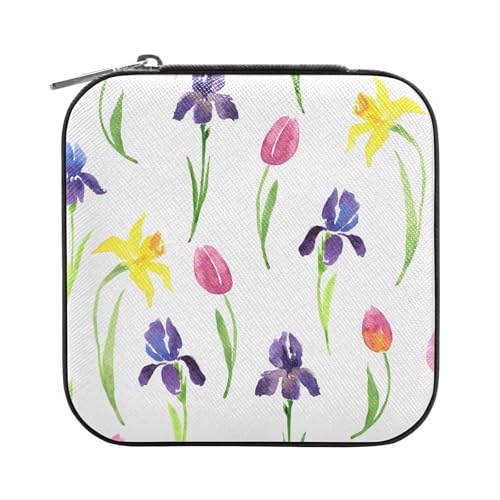 OWFKAY Schmuckschatulle für Damen, PU-Leder, Schmuckhalter, kleiner Schmuck-Organizer für Mädchen, Ehefrau, Mutter, gelbe Lilie, rosa Tulpe, Frühlingsblume OWFKAY Schmuckschatulle für Damen, PU-Leder, Schmuckhalter, kleiner Schmuck-Organizer für Mädchen, Ehefrau, Mutter, gelbe Lilie, rosa Tulpe, Frühlingsblume von OWFKAY