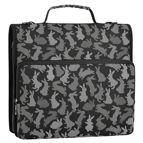 OWFKAY Tasche mit 3 Ringbüchern mit Reißverschluss, Hasen-Kaninchen, dunkel mit mehreren Taschen, Organizer mit Schultergurt und Griff von OWFKAY