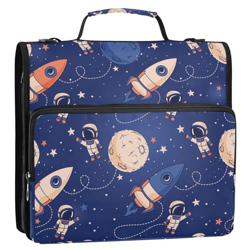 OWFKAY Tasche mit 3 Ringbüchern mit Reißverschluss, Weltraumplanet, Rakete, Organizer mit mehreren Fächern, Schultergurt und Griff von OWFKAY