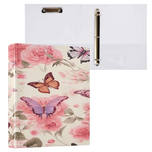 Ringbuch mit 3 Ringen, 3,8 cm, mit Klemmbrett für Schul/Bürobedarf, Rosa, schöner Schmetterlings-Ordner, Organizer, hält 200 Blatt mit Innentaschen von OWFKAY