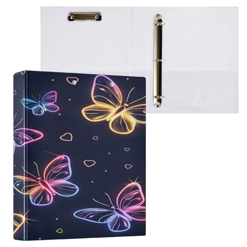 Ringbuch mit 3 Ringen, 3,8 cm, mit Klemmbrett für Schul/Bürobedarf, niedliche neonfarbene fliegende Schmetterlinge, Aktenordner, Organizer, hält 200 Blatt mit Innentaschen von OWFKAY
